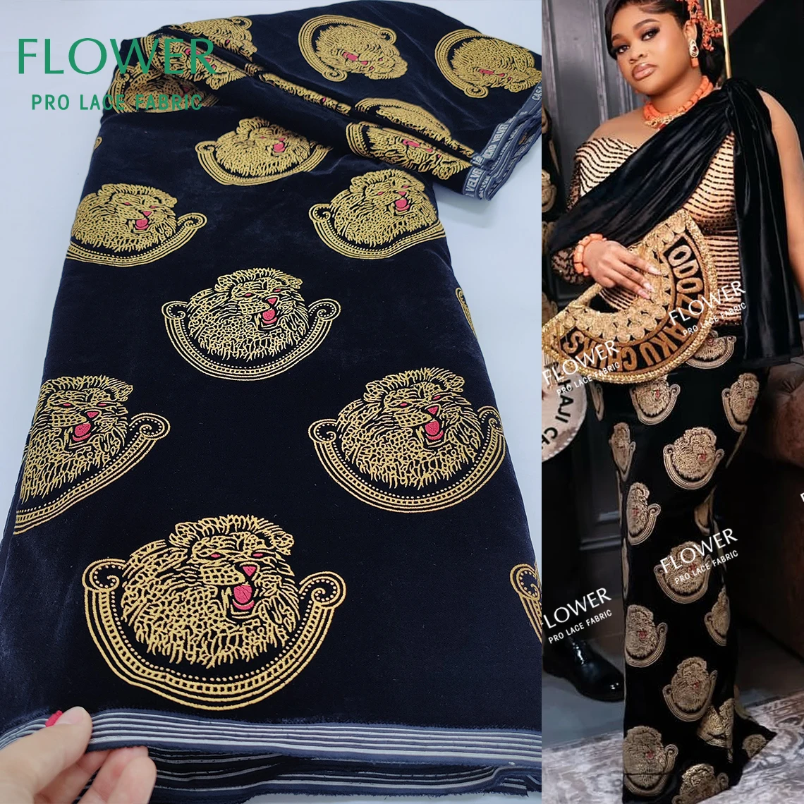 Gold Lion Print Ankara Velvet Lace Member Uniform Sewing Material Nigeria George Isiagu Soft Party African Dress DIY Fabrics