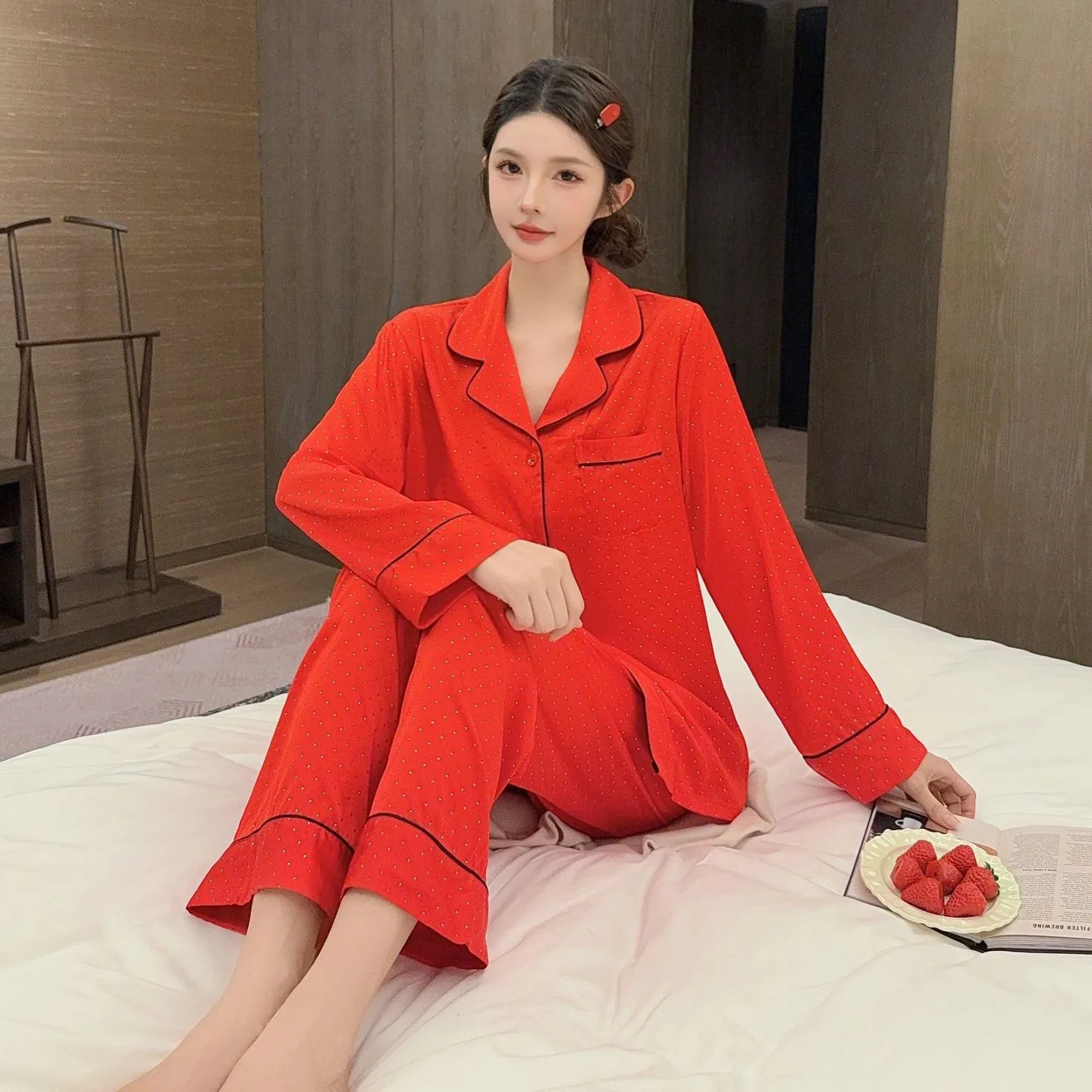 Womens Ice Silk Rhinestone Satin Shirt Pants Pajamas Set Sleepwear Pijama Women's Loungewear Female Sleep Two Piece Set