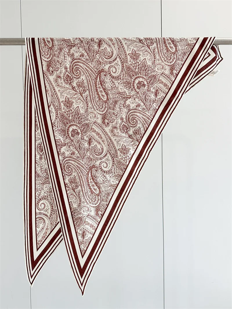 Women's Long Triangle Scarf Vintage Paisley Floral Print Striped Border 30% Silk, 70% WoolNeck Scarf Elegant Bandana Headscarf