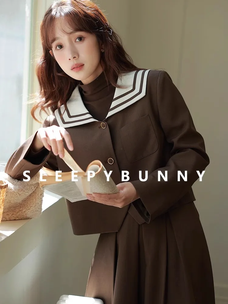 

Preppy Style Brown Blazer for Women Autumn Padded Shoulder Suit Jacket Korean Vintage Lapel Outerwear Daily Office School Look
