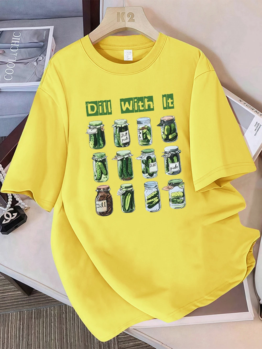 Women T-Shirt Cotton Summer Dill With It Canned Cucumber Prints Short Sleeve Tees O-Neck Comfortable Loose Tops Basic Clothes