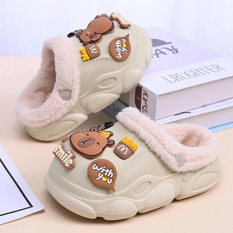 Capybara Slippers Women Winter One Word Cotton Cartoon Anime Cute Student Bedroom Suede Warm Fury Slippers Non Slip Flat Shoes