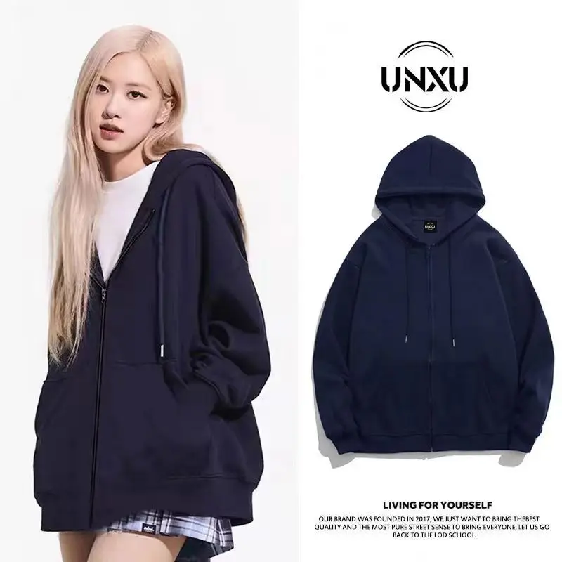 

UNXU Pure Cotton Fleece Lined Hooded Zipper Cardigan Loose Couple Outerwear Kangaroo Pocket Long Sleeve Winter Sweatshirt
