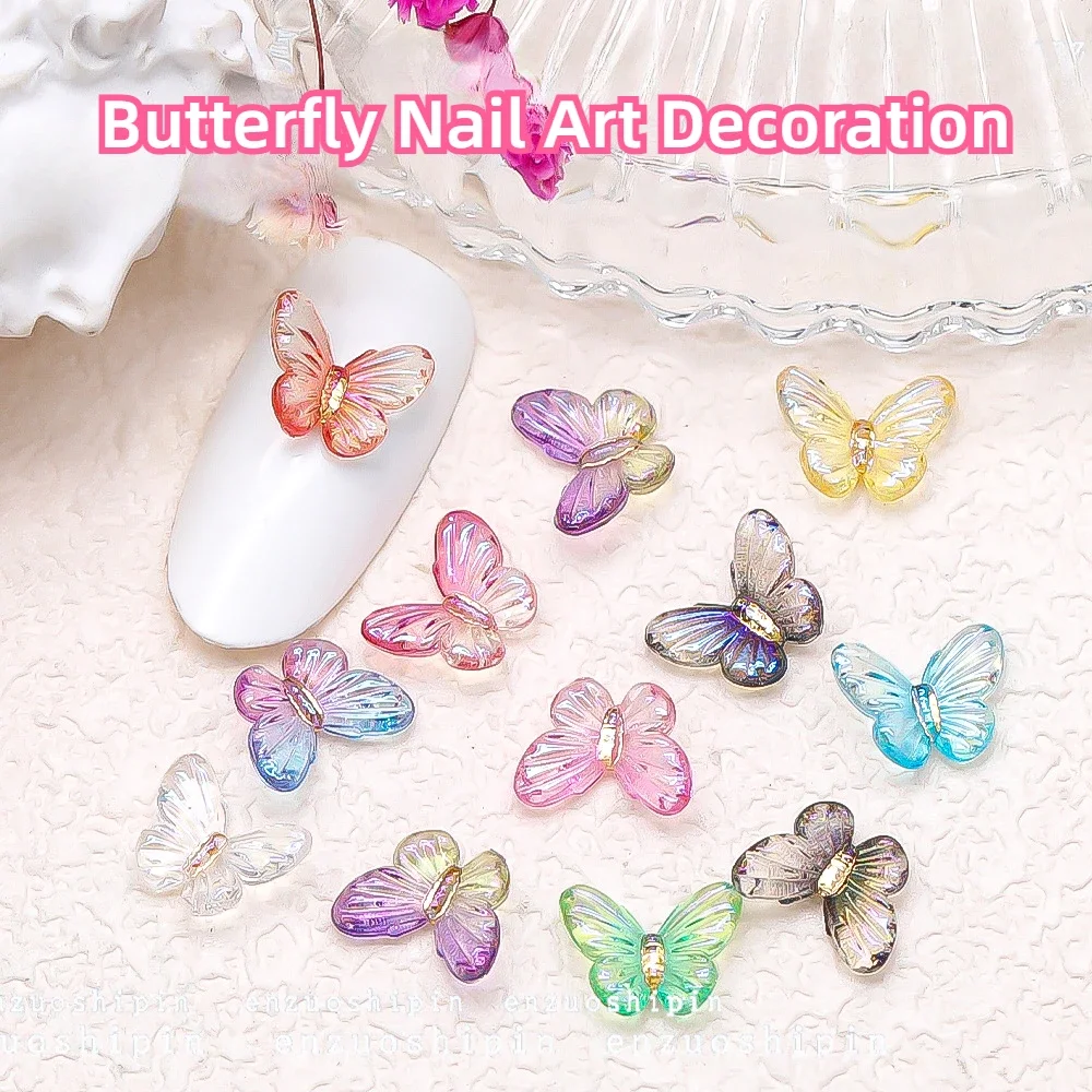 Mini Aurora Butterfly Nail Art Decorazione 6mm Rosa/Blu/Resina trasparente Farfalle colorate Fascino per unghie Strass con retro piatto 