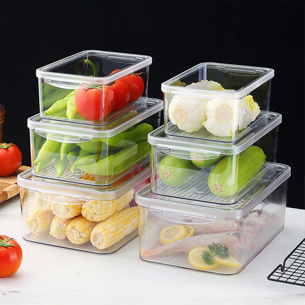 WORTHBUY Fruit Vegetable Storage Box Refrigerator Food Preservation Box Plastic Fresh-keeping Box With Lid Sealed Organizer Box