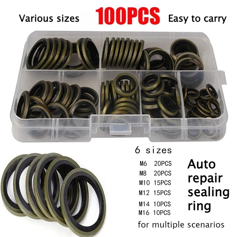 100pcs/set Bonded Seal Sealing Ring Assortment Kit Oil Drain Screw Combined Washer Seal Set M6 M8 M10 M12 M14 M16 M18 M20 M22