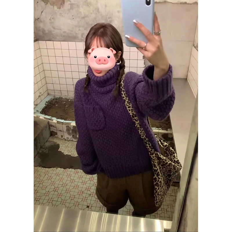 Vintage Turtleneck Sweater Women Harajuku Long Sleeve Knitted Pullovers Winter Aesthetic Pocket Knitwear Korean Casual Jumpers