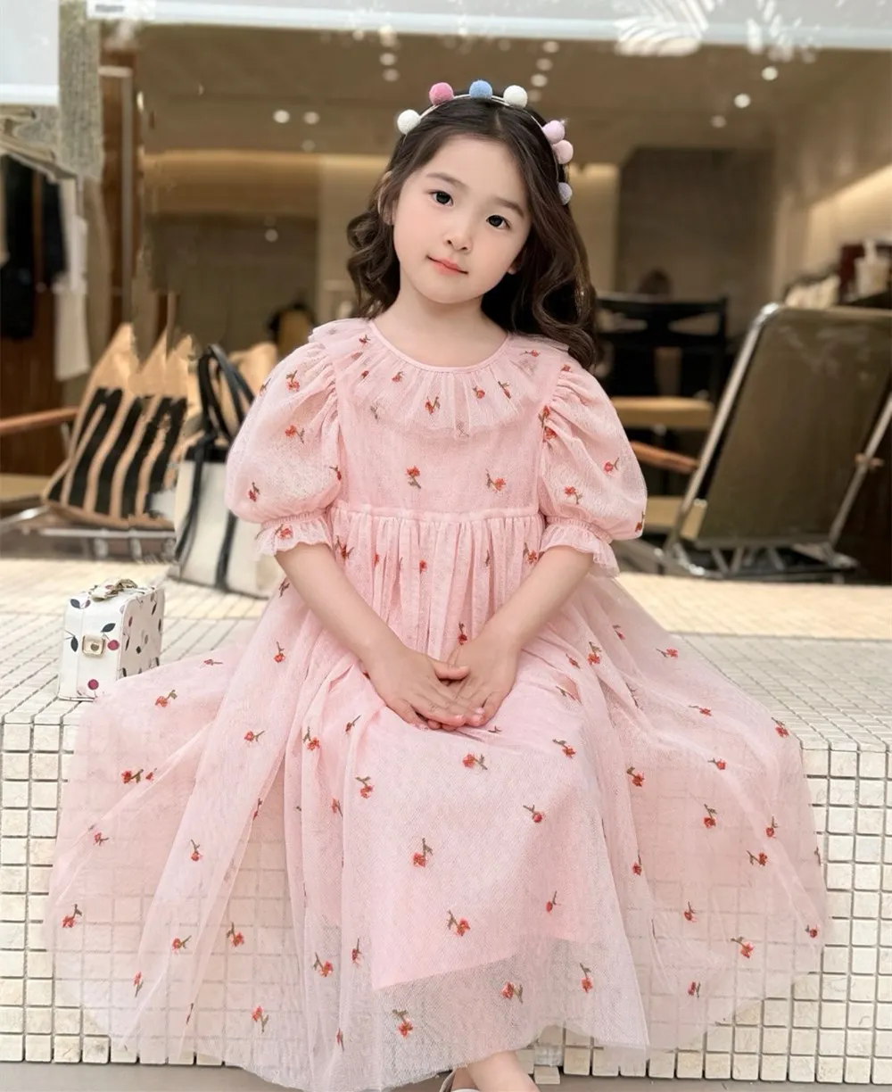 

Kids girls clothes baby girls dress summer fashion dresses Flower Embroidered Mesh Dress Sweet Pink Princess Dress