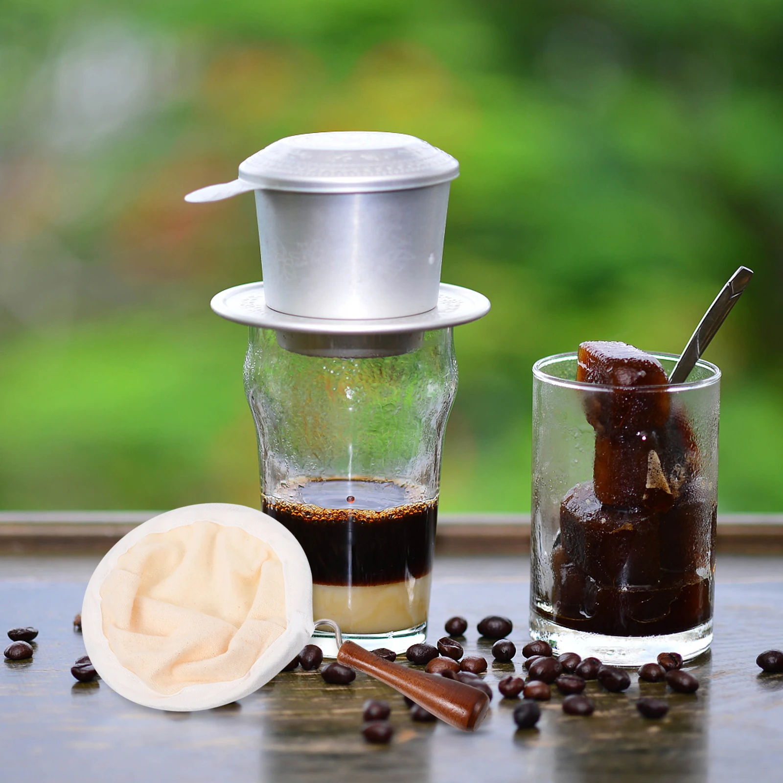 

Reusable Coffee Filter Bag Flannel Pouch Strainer Wooden Handle Tea Cloth Coffee Tea Strainer Pouch Sturdy Steel Ring Kitchen
