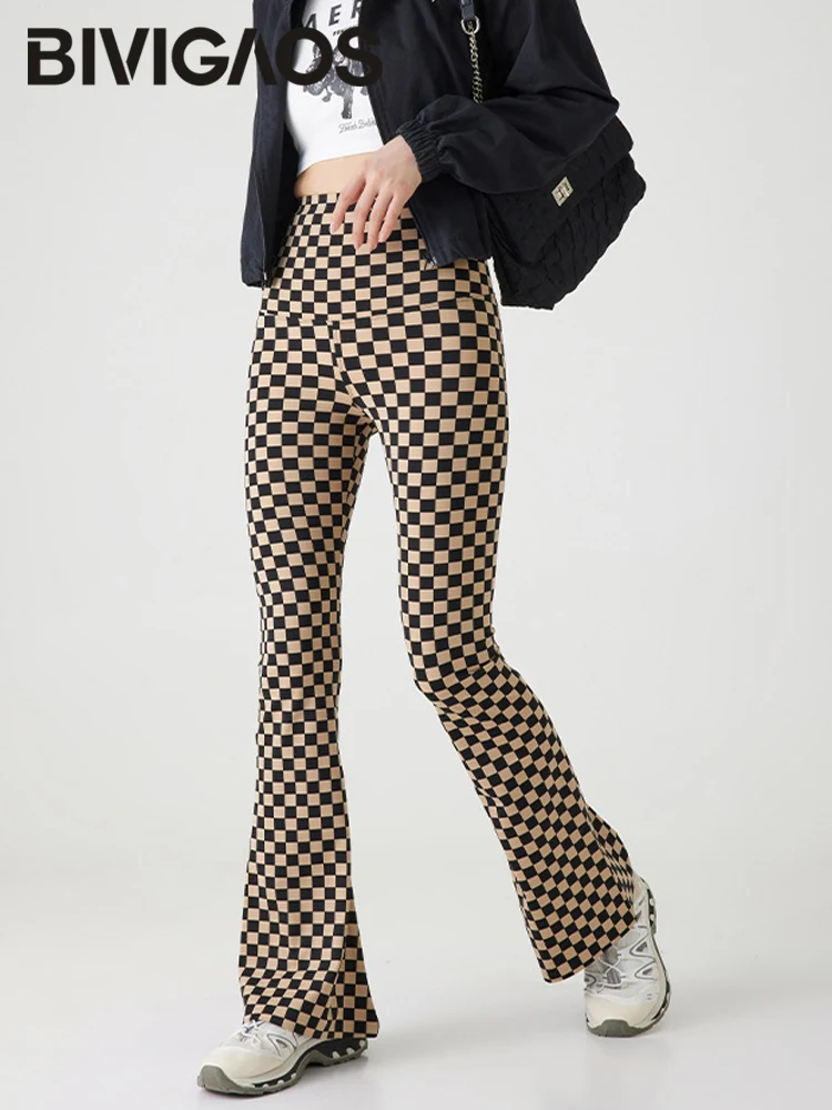 BIVIIncome OS-Leggings évasés requin en damier pour femme, taille haute, lève-fesses serré, sexy, style américain, pantalon évasé, printemps, été, nouveau