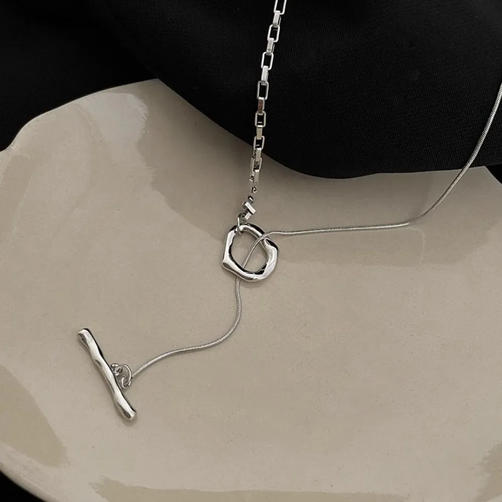 Korean Style Irregular Pendant Woman Pendant Choker Long Silvery Double Layer Snake Bone Chain Birthday Gift