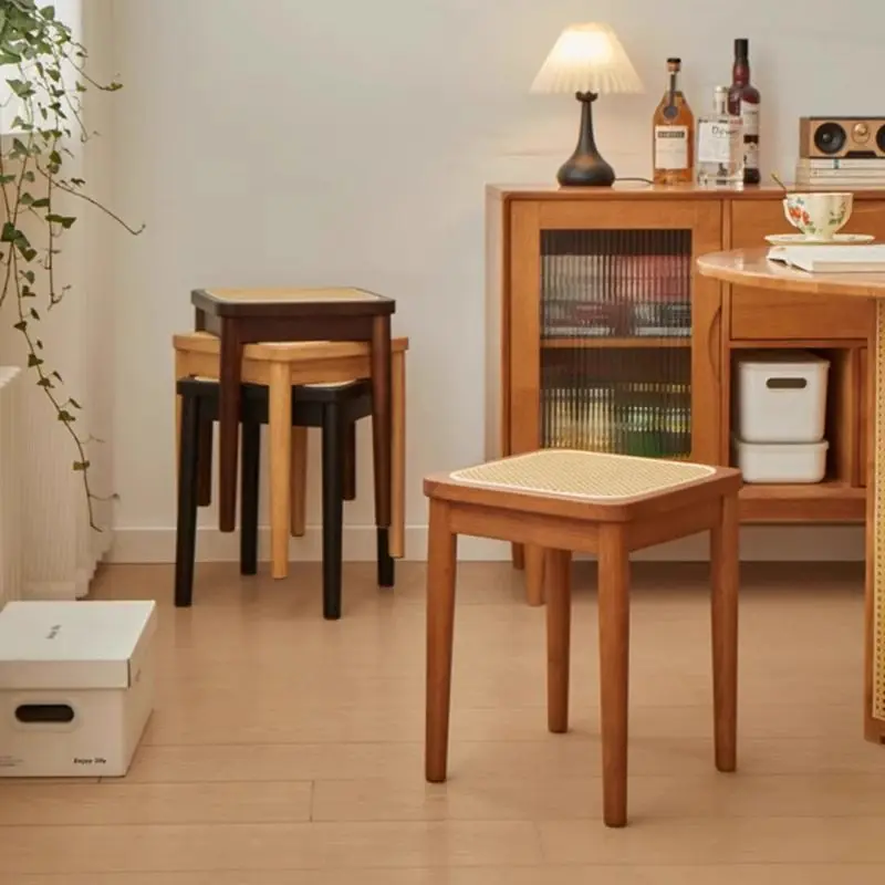 Solid Wood and Rattan Woven Stool, Stackable Mid-Century Modern Square Seat for Home, Spare & Extra Guest Seating