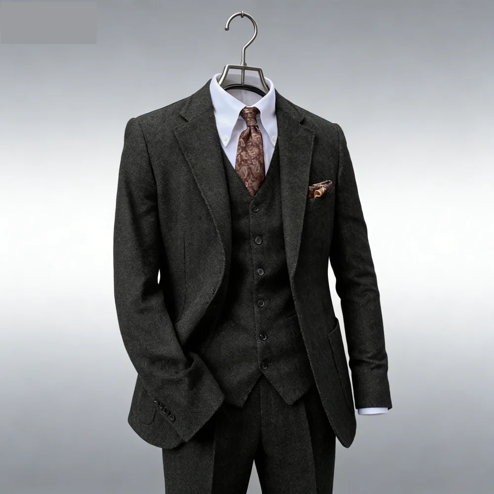 

Elegante 3-Piece Men's Tweed Ternos for Winter Wedding Formal Banquet Spineless Fish Banquet Elegant Men's Suit