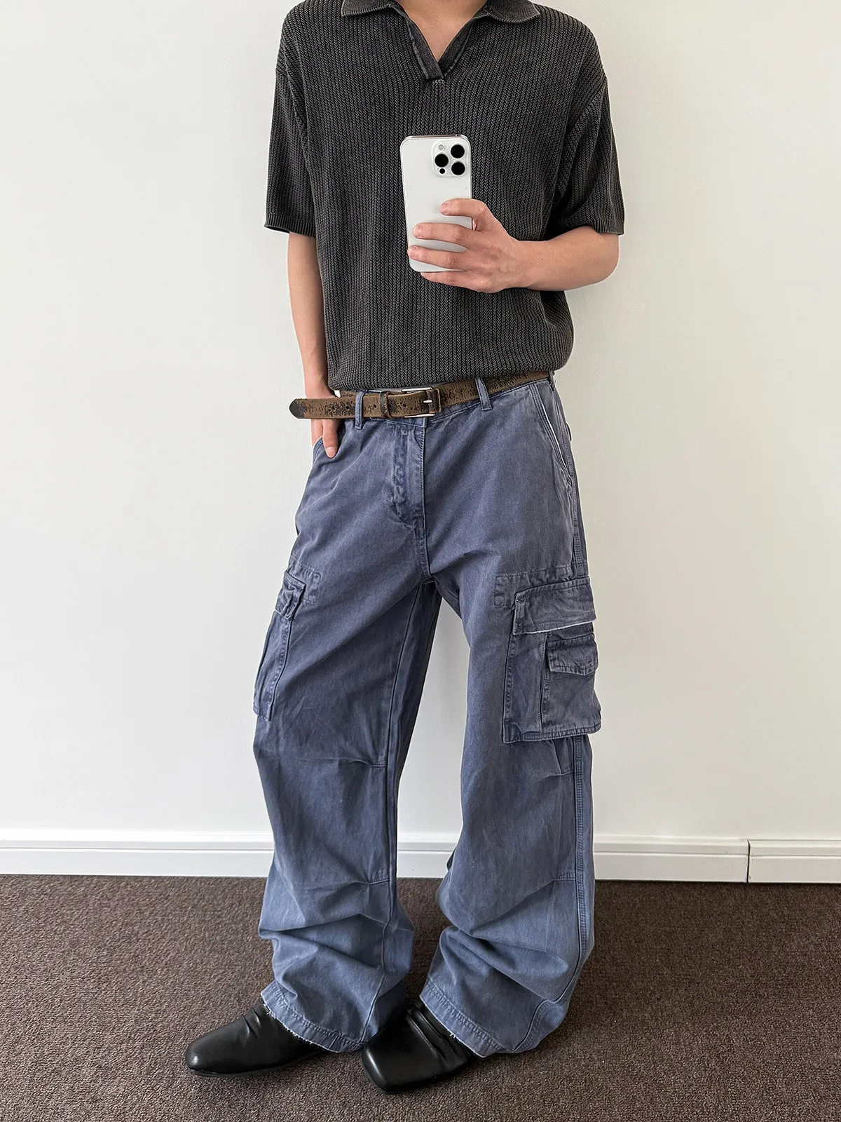 

Vintage American High Street Blue Work Pants Loose Straight Leg Casual Trousers for Men Worn Look Denim mid Waist Zipper