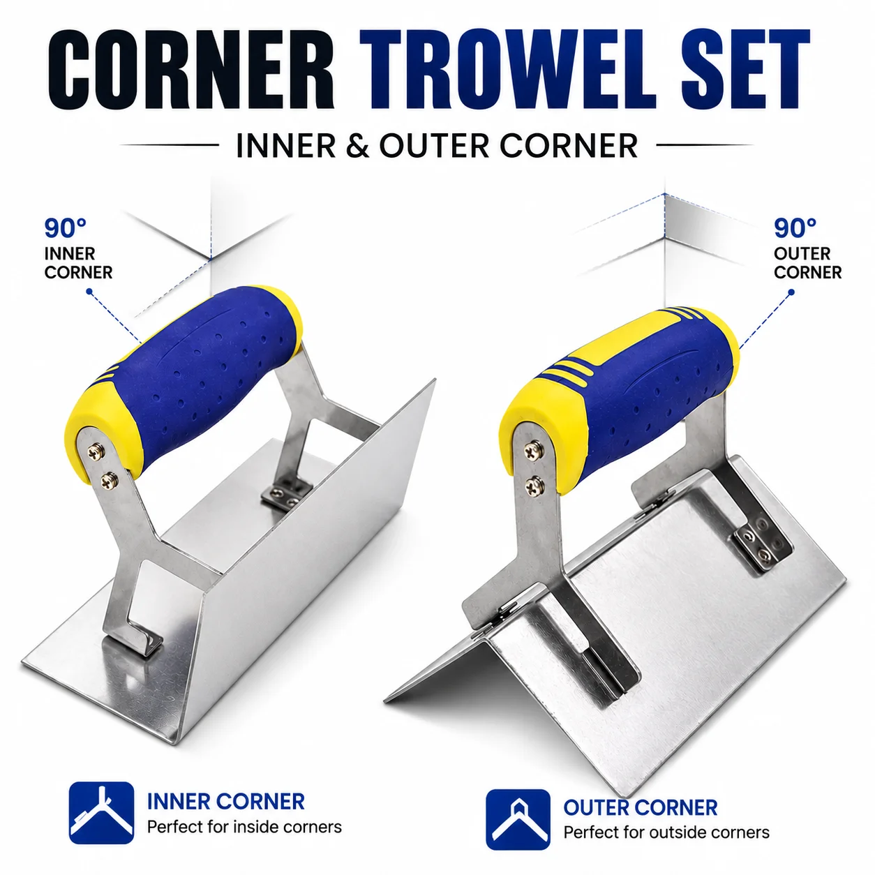 2PCS Inner & Outer Corner Trowel, 90° Plastering Tool, Stainless Steel Flooring Trowel, Grout Cutter, for Corners/Sharp Corners