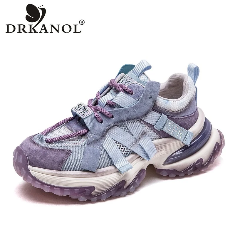 

DRKANOL Fashion Summer Breathable Mesh Shoes 2024 Mixed Colors Shiny Rhinestone Lace-Up Casual Thick Sole Platform Sneakers Lady