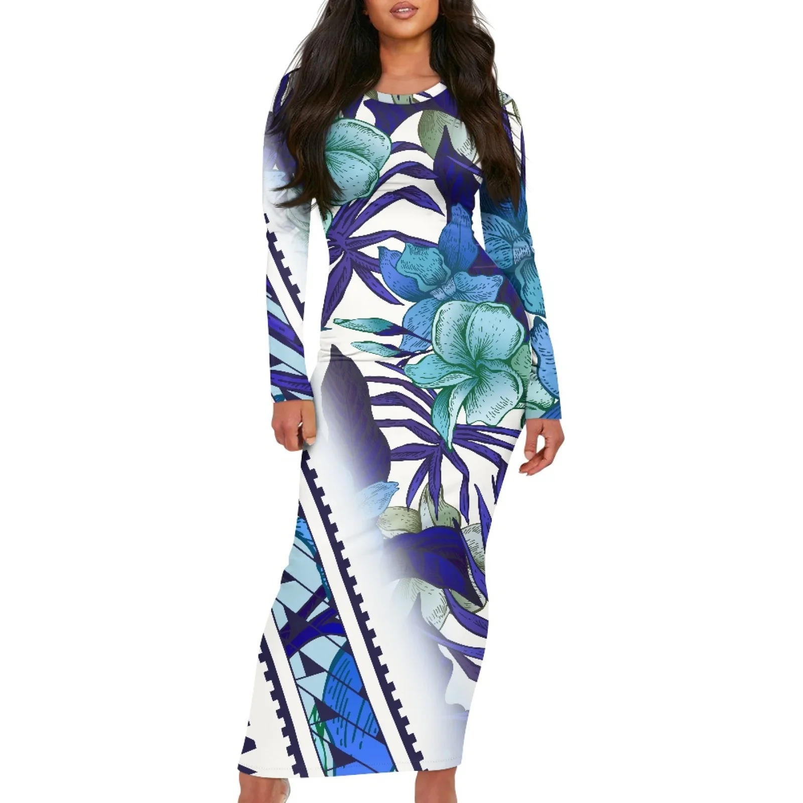 Polynesian Tribal Hawaiian Totem Tattoo Hawaii Prints Vintage Casual Lady Long-Sleeved Dress Beach Party Tight Green Long Dress