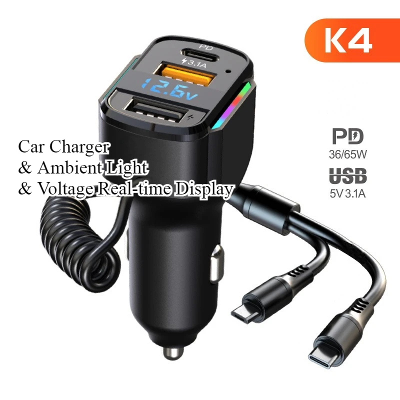 

Mini Car Charger PD 65W Super Fast Charger 3 in1 Car Charger High Power with Cable Dual USB Type C and Car Ambient Light