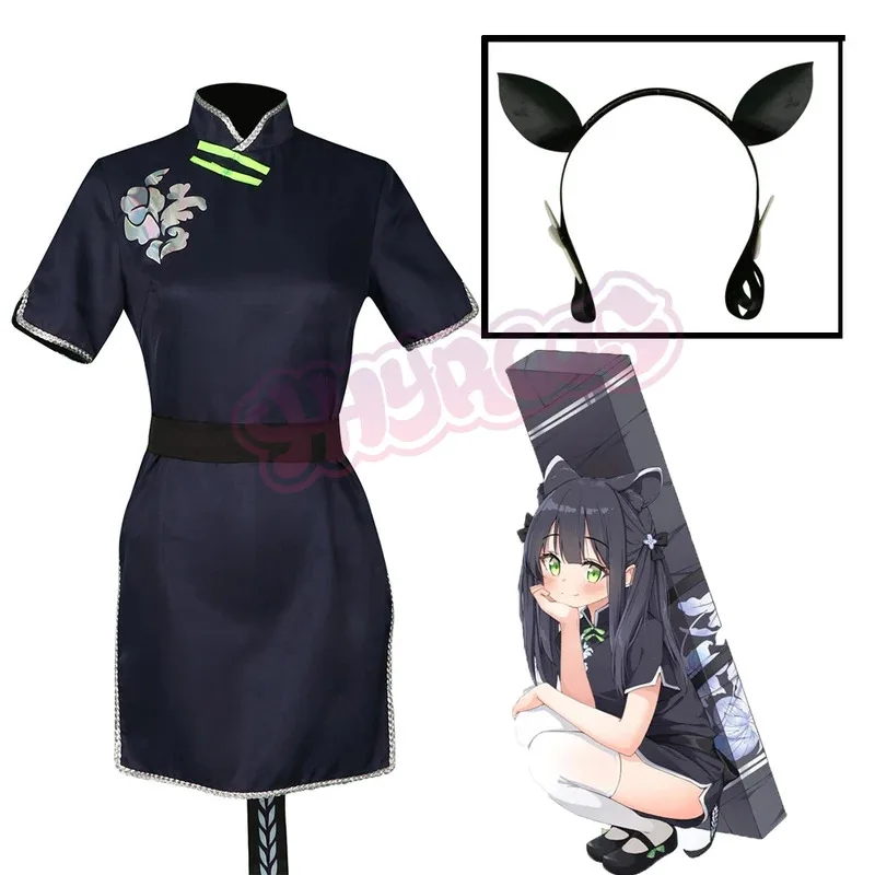 

Anime Blue Archive Cosplay Sunohara Shun Chilhood Cosplay Suit Dark Blue Cheongsam Dress Hairpins Women Halloween Roleplay