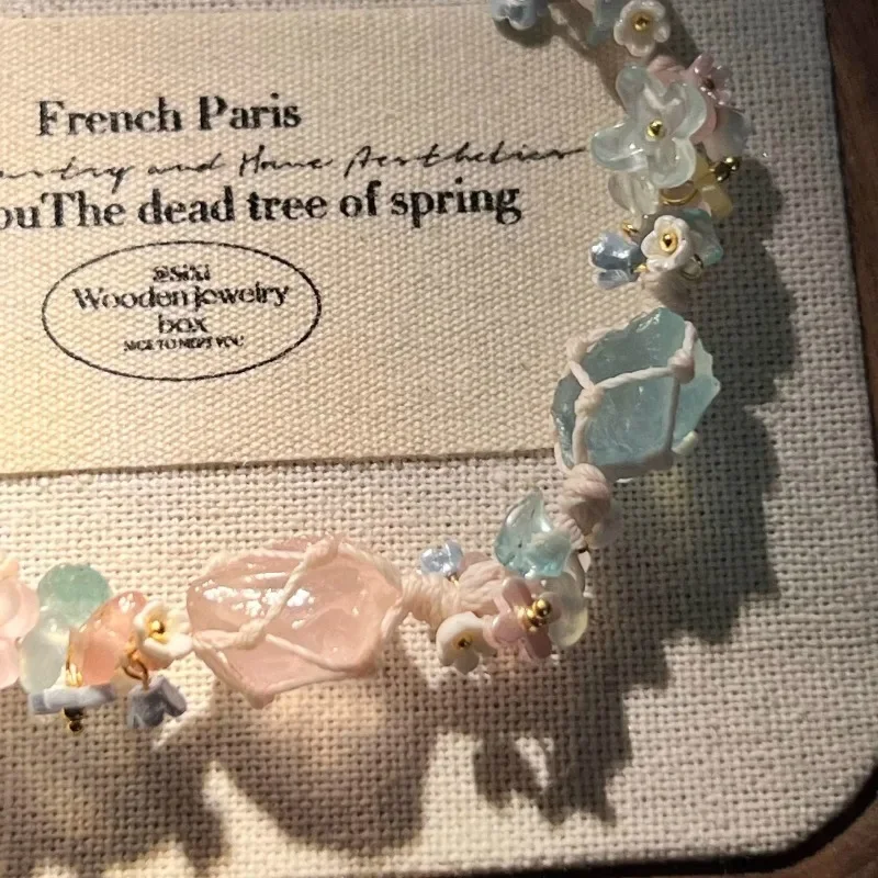 

British [Designer] Natural Aquamarine Bracelet Women's Handmade Weaving Powder Crystal Hand Rope Ornament