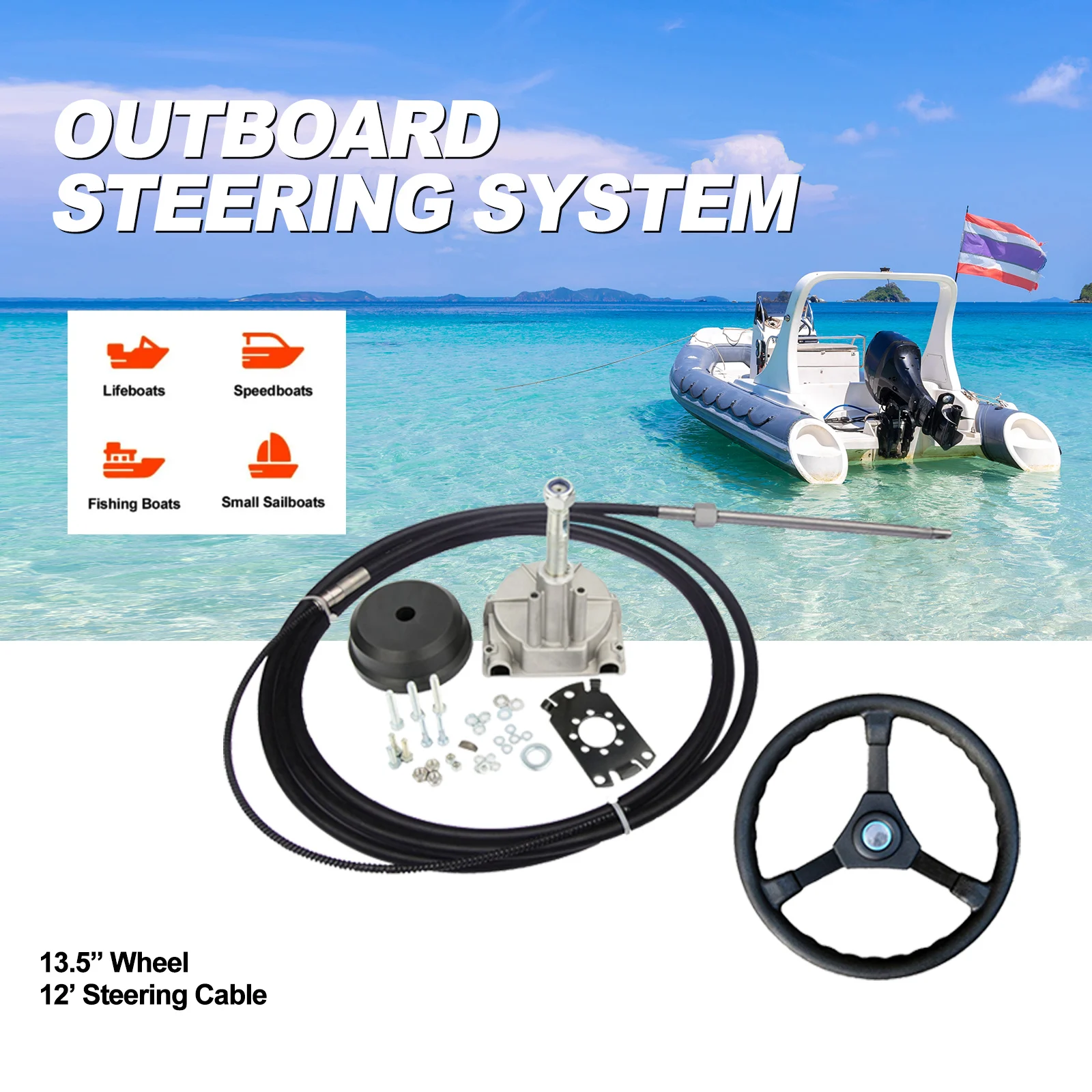 12FT Boat Mechanical Rotary Steering System Kit w/ Cable, Helm & Wheel for Outboard Engines