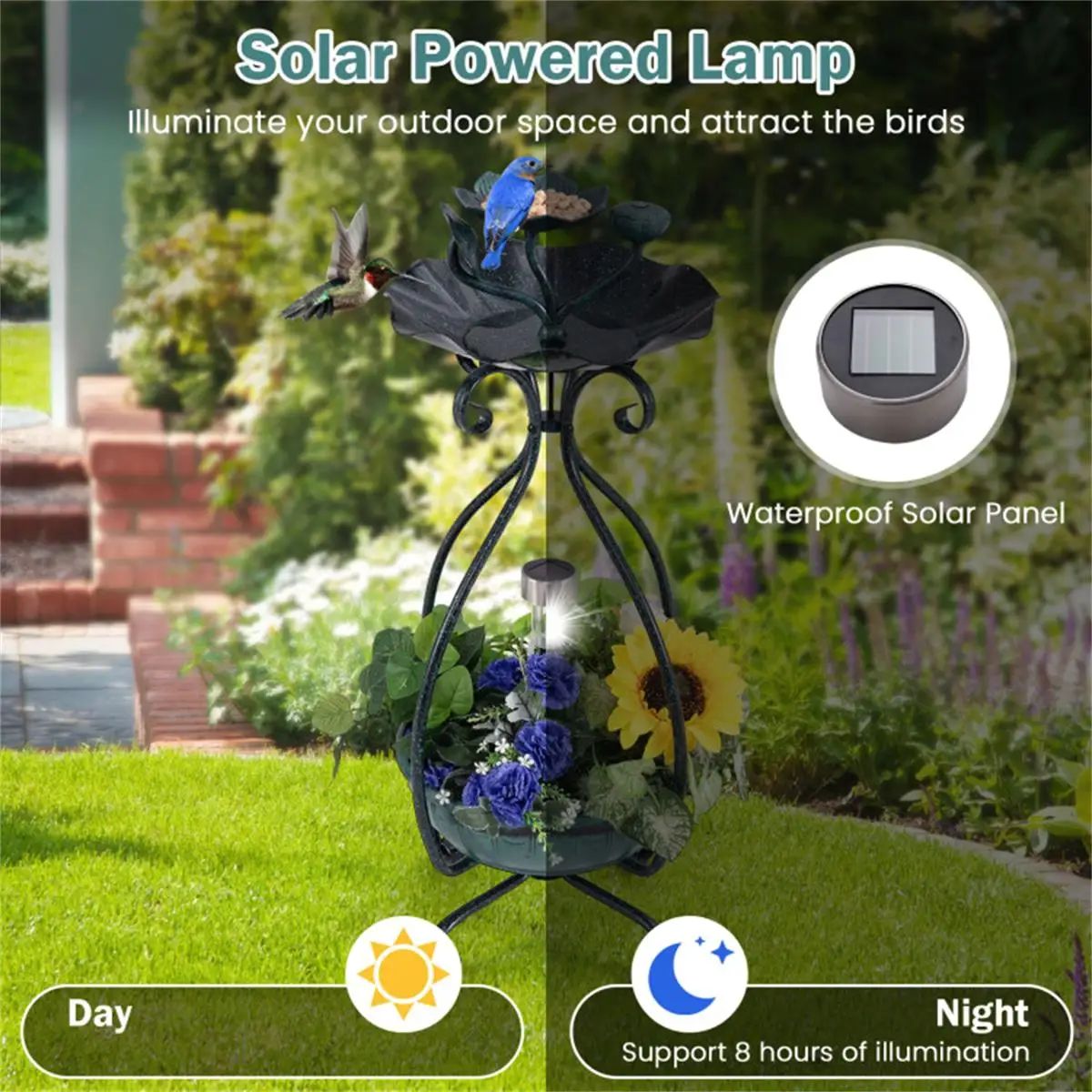 Dark Green Solar Bird Bath Feeder with Flower Planter & Pedestal, Illuminated Garden Lights