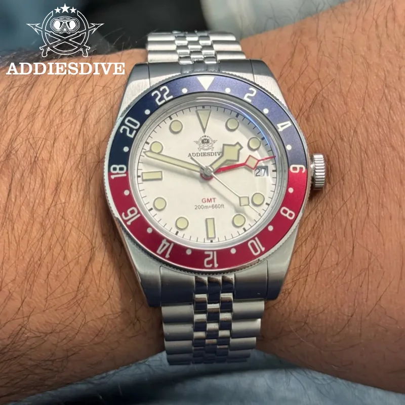 

ADDIESDIVE AD2044 Men's GMT Watch 20Bar Waterproof Relogios Masculino Bubble Mirror Glass BGW9 Super Luminous Quartz Watches