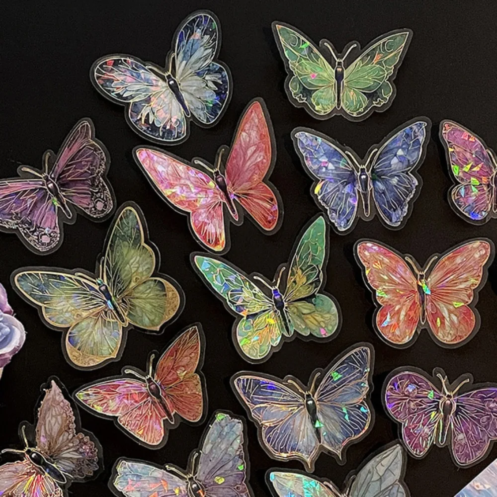 10PCS DIY Crafts Ice Crystal Laser Butterfly Sticker Vintage Aesthetic Handmade Butterfly Collage Sticker Shiny PET Scrapbooking