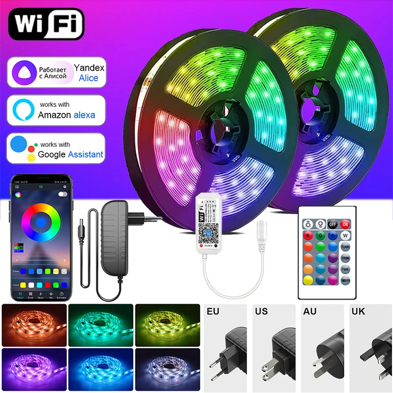 Tira de luces Led con Control por aplicación inteligente, cinta de luz regulable con Wifi, Alexa, 12V, Rgb, 24 teclas, para habitación y Navidad