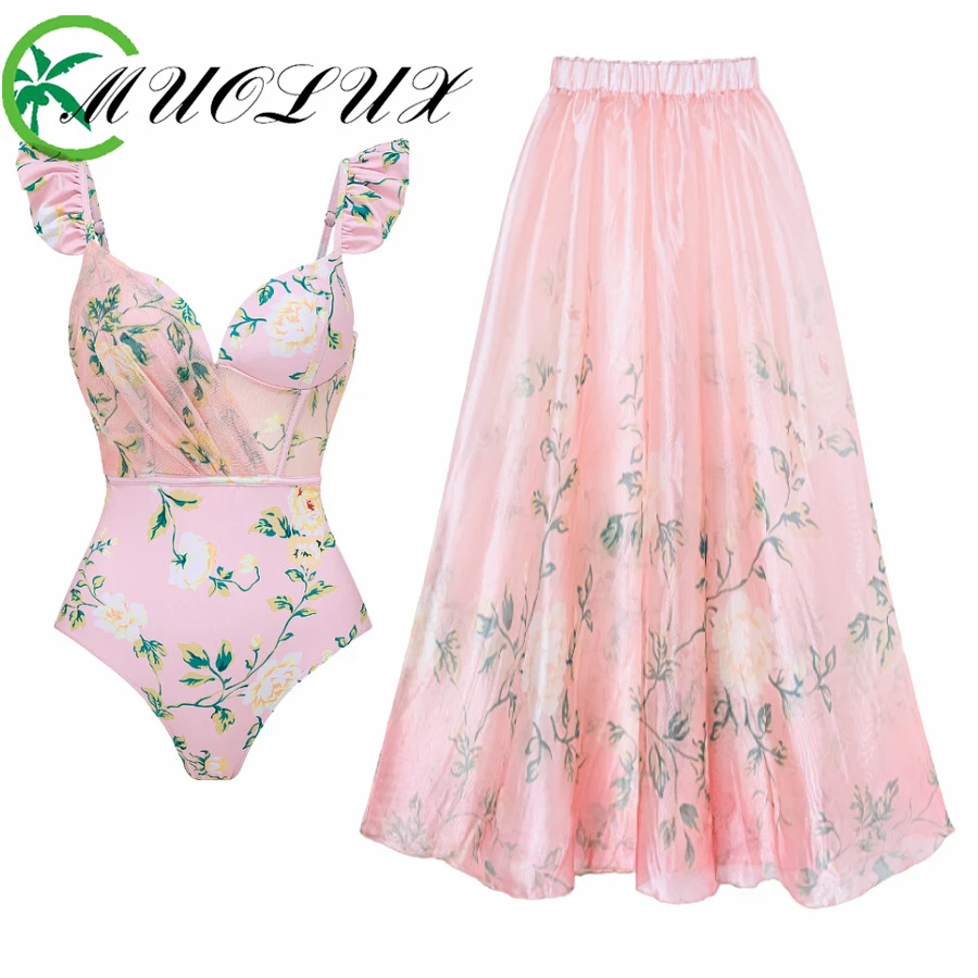 MUOLUX 2024 Printed Sexy One-piece Women's Swimsuit New Floral Sweet Pink Beach Vacation Bikini Yarn Skirt Two-piece set