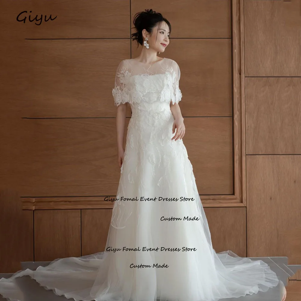 

Giyu Fairy Lace Followers Korea Wedding Dress Photoshoot O-Neck Two Pieces Set Floor-length 웨딩드레스 Evening Gown Dress