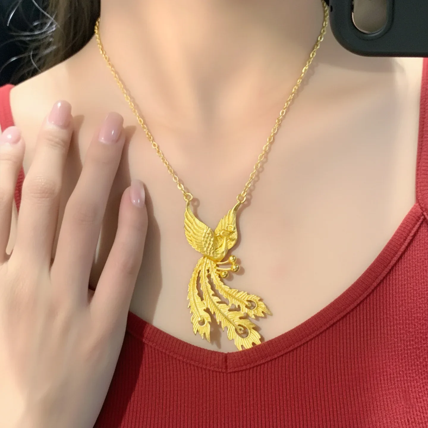 9999 Gold Wedding Necklace - National Trend - Phoenix Dancing in the Sky Pendant - Engagement and Wedding Jewelry
