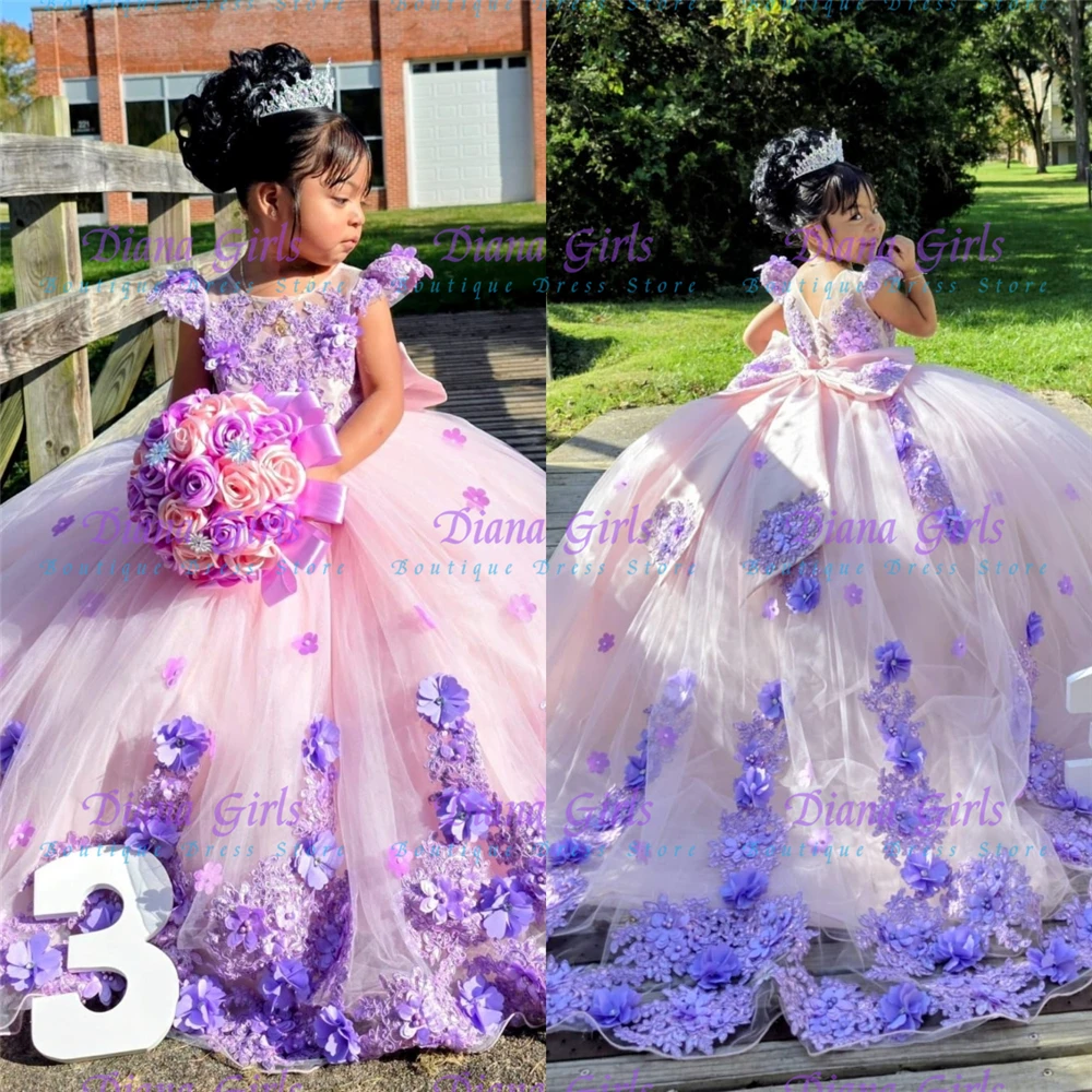 

Лавандовое новое роскошное тюлевое пышное качественное платье с цветочной аппликацией для девочек-цветочниц для свадебных платьев, бальные платья для дня рождения
