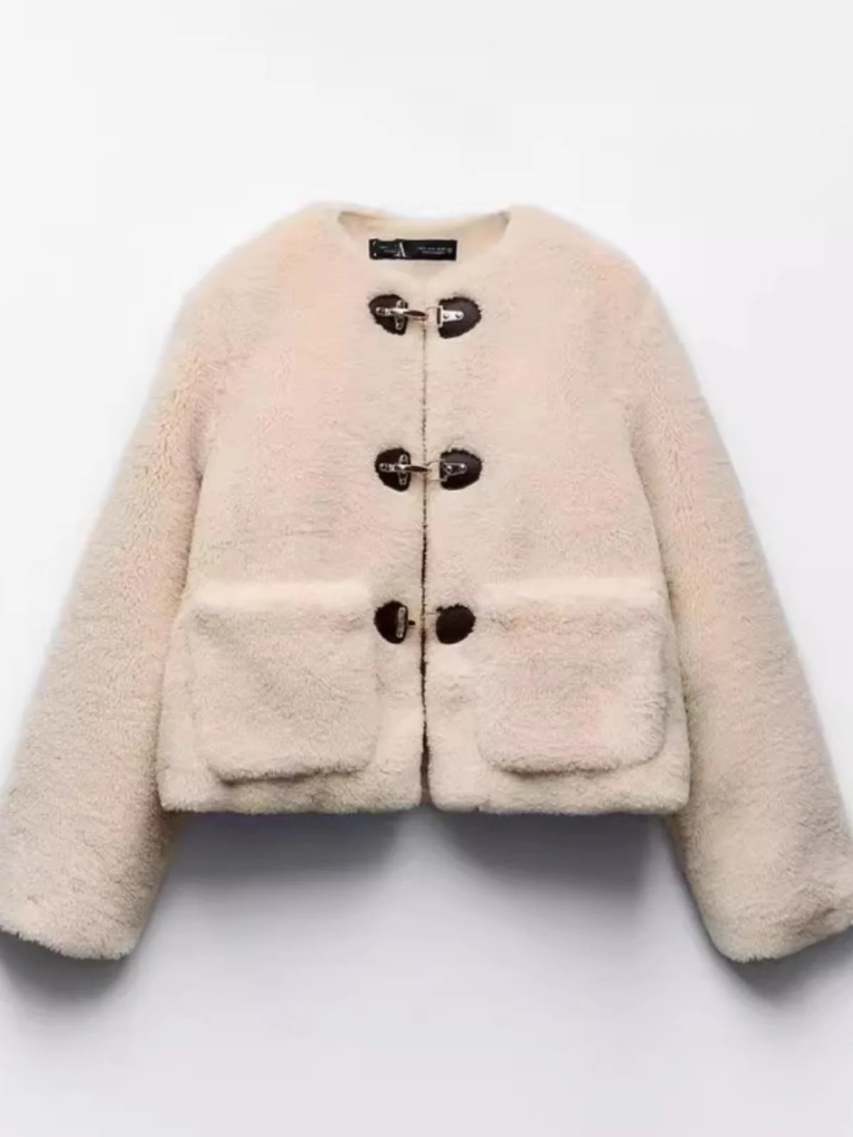 เสื้อโค้ทขนแกะสำหรับผู้หญิง ทรงกลม ตกแต่งด้วยผ้าสีฟ้า ซับในด้วยผ้าขนสัตว์ ทรงหลวม แขนยาว สีฟ้า