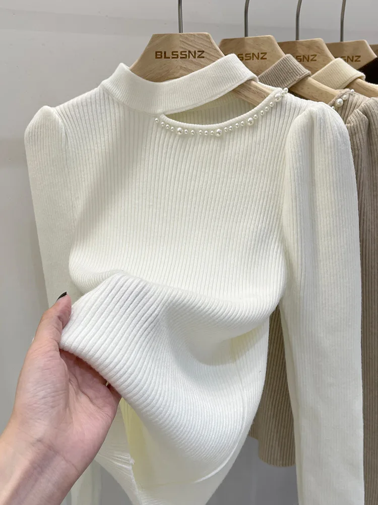 Fashion Simple Pearl Half Turtleneck Sweater Women 2023 New Spring Sense Cut-out Bottoming Long Sleeve Off-Shoulder Sweater Top