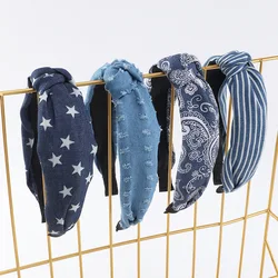 New Denim Cloth Fabric Print Women Headband Cross Knot Hair Hoop Wide Side Hoop Hairband Bow Headwrap Hair Accessories