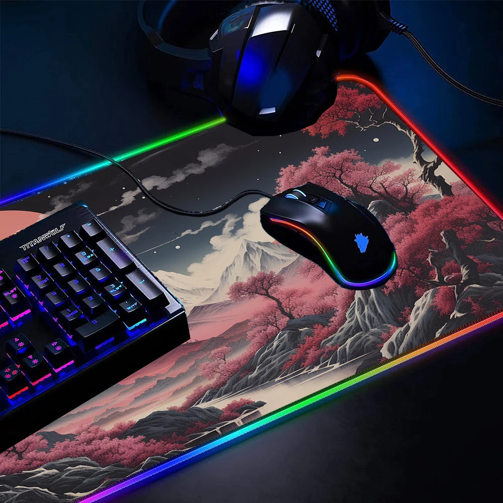 Imagem -03 - Estilo Japonês Led Mouse Pad Paisagens Rgb Sakura Gaming Mousepad Acessórios para pc Suporte Teclado Backlight 1200x600