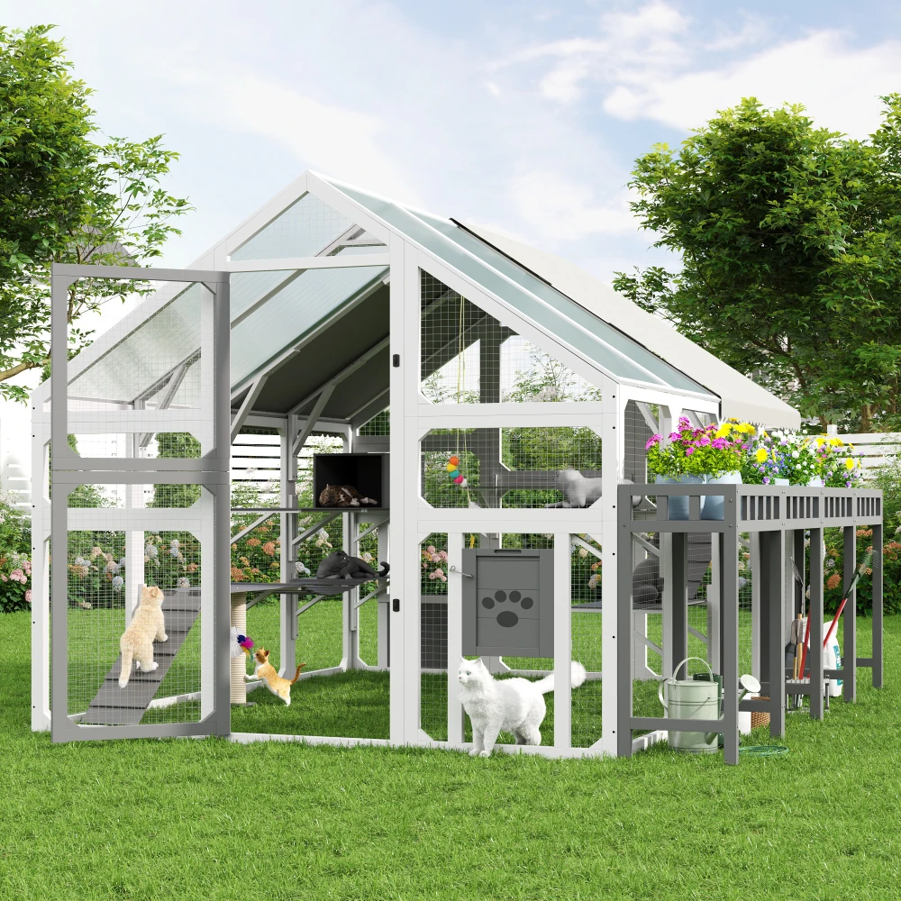 

Large Outdoor Cat House with Planter Stand, Wooden Enclosure, Resting Boxes, Hanging Bridge, Platforms, Walk-In Catio, Waterproo