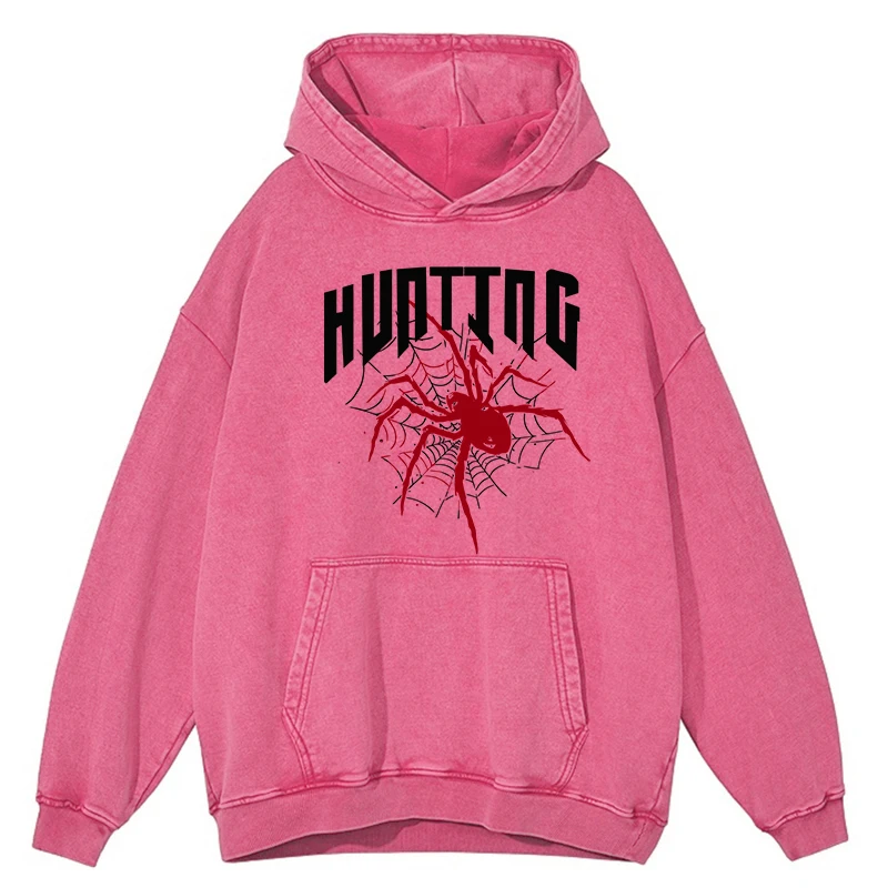 Red Spider Print Men Washed Distressed Hoodies Loose O-Neck Cotton Hoodie Fashion Oversize Top Autumn Warm Comfortable Tracksuit