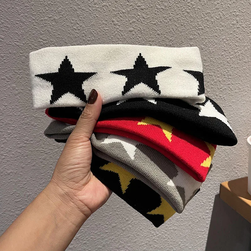 

1PC sports headband pentagram wool wide edge headband black and white knitted hip hop sports men's and women's hair accessories go out sports trend hip hop