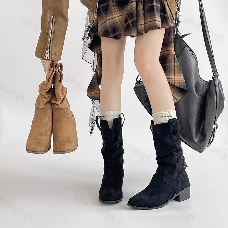 

Retro Style Women's Pointed Long Tube Casual Thick Heel Boots 2025 Autumn New Fashion Trend Versatile Comfortable Middle Boots