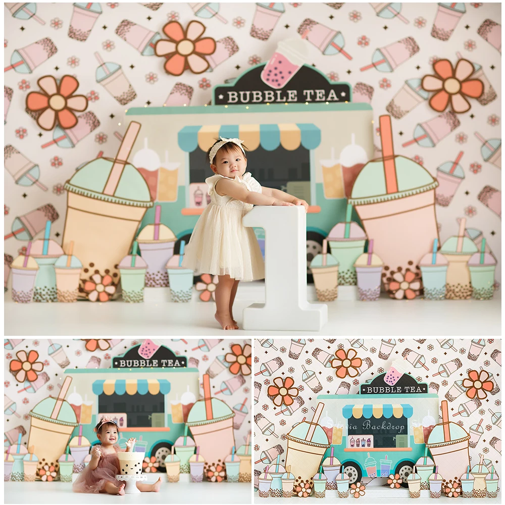 

Bubble Tea Photo Background Baby Girl Birthday Cake Smash Photography Backdrop Dessert Floral Decor Photo Studio Props