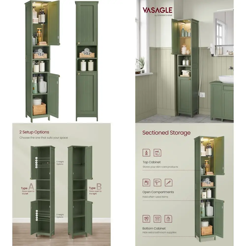Illuminated Tall Bathroom Storage Cabinet with Adjustable Shelves for Compact Spaces