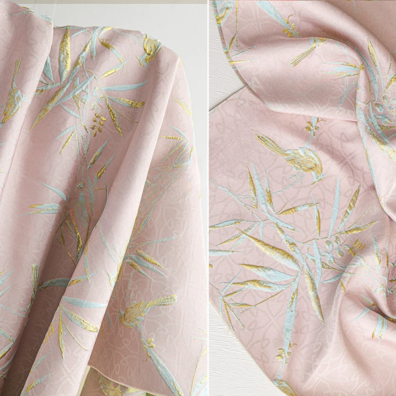 

Fabric Wide 145cmx50cm Pink Golden Bamboo Sparrow Jacquard Polyester Embroidery Profile DIY Shirt Dress Spring Summer Clothing