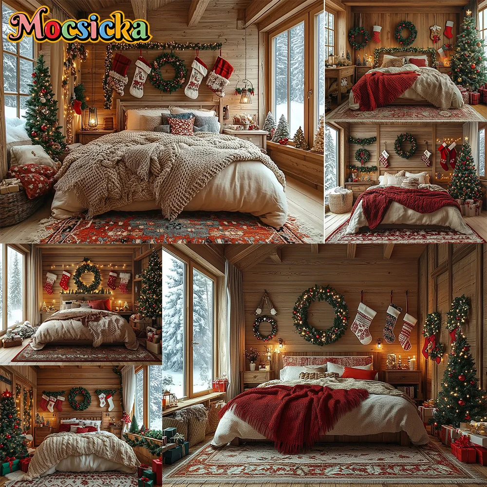 Mocsicka Fotografie Hintergrund Schlafzimmer Zimmer Bett Spielzeug Bär Dekoration Hintergrund Familie Kinder Urlaub Porträt Foto Studio Requisiten