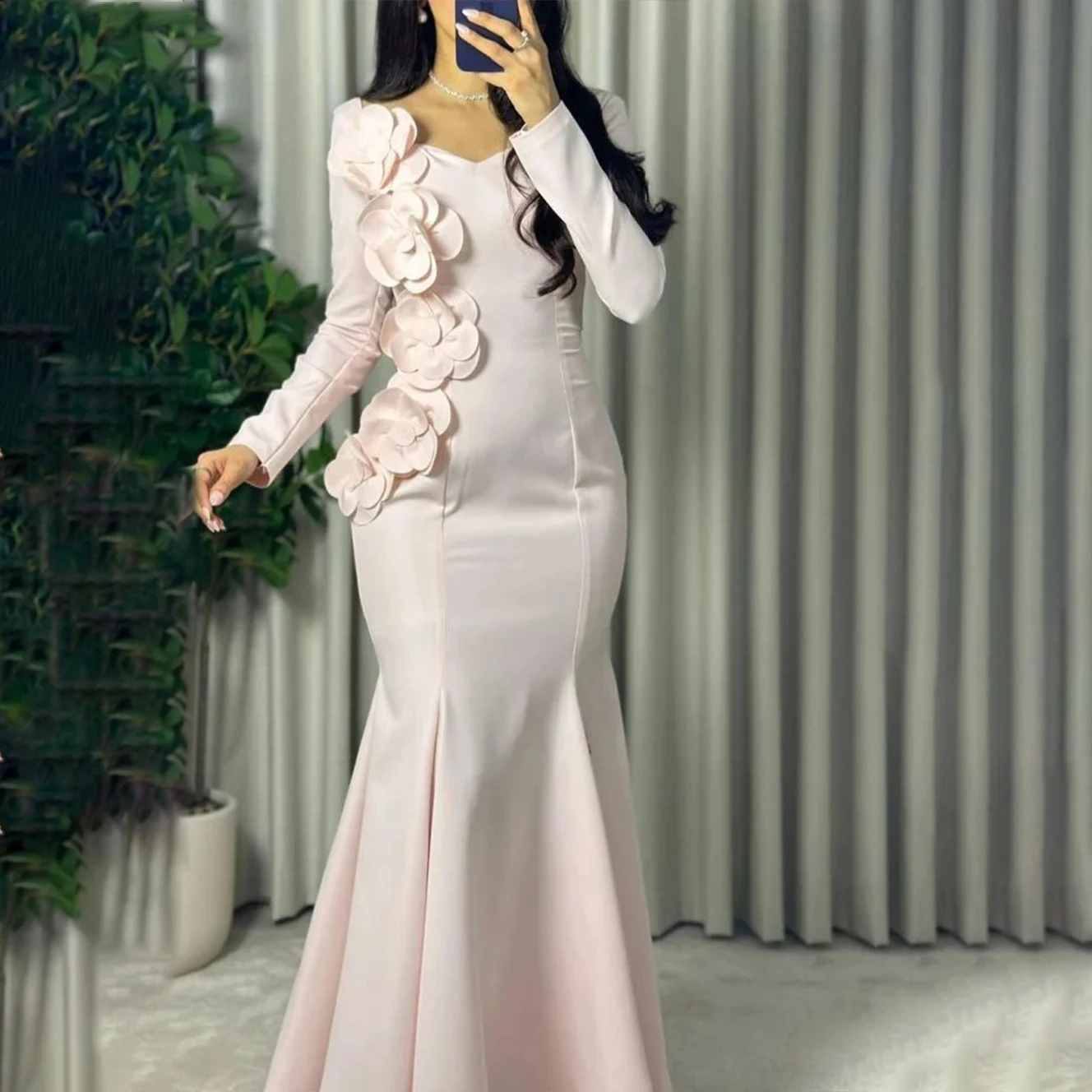 

Modest Evening Dresses V-Neck Long Sleeve Mermaid Prom Dress 3D Flowers Formal Occasion Wedding Guest Party Dress Customized