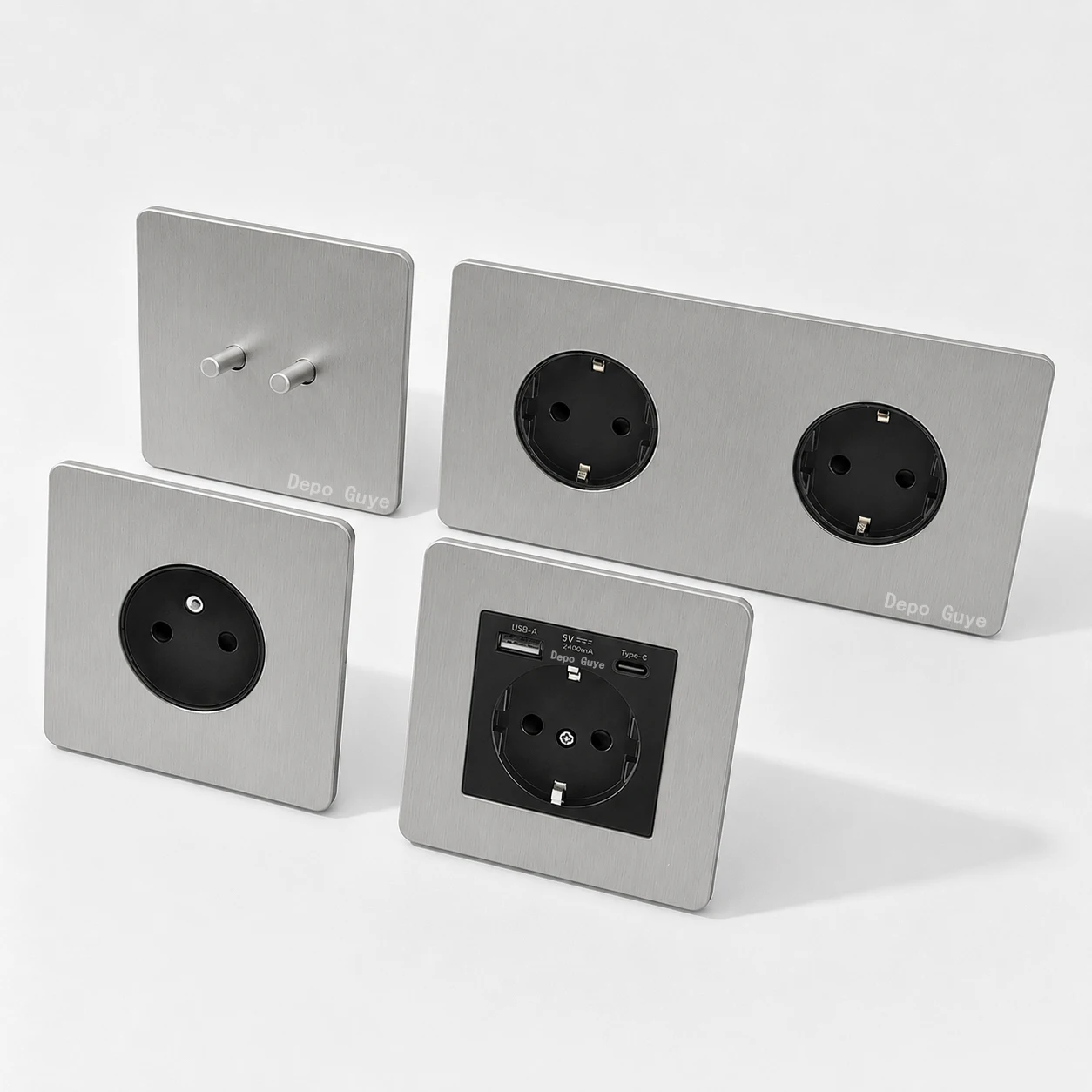 

Silver Gray Stainless Steel Brushed Panel Wall Light Toggle 1 2 3 4 Gang 2 Way Switch EU France USB Outlet for Home Improvement