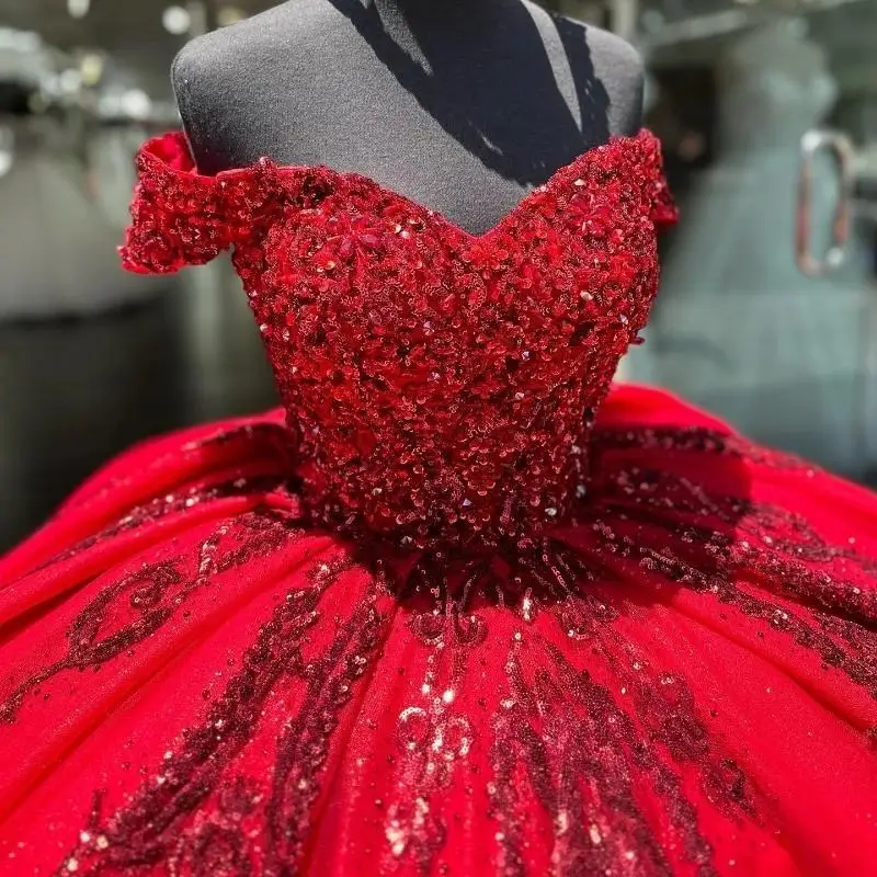 Vestidos De quinceañera rojos, vestido De baile sin hombros, lentejuelas brillantes, cuentas De cristal, dulce 16, 15 De