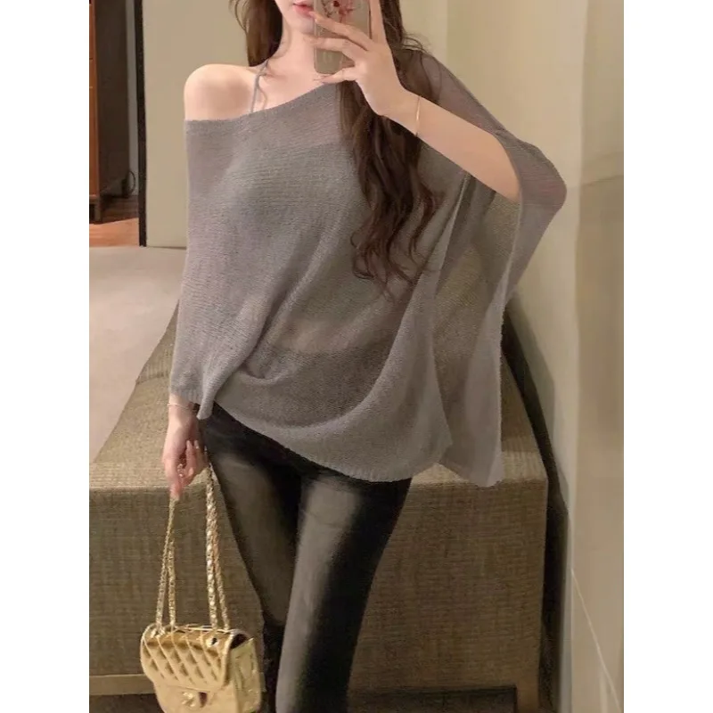 

Пряные девушки, однотонные тонкие вязаные топы с нерегулярными рукавами «летучая мышь», летние повседневные свободные женские новые пуловеры для ленивых