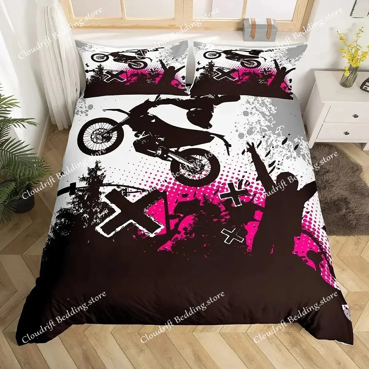 

Luxury Bedding Set Motorcycle Print Duvet Cover Set with Pillowcase Motocross Bedspread boy's Bed Set